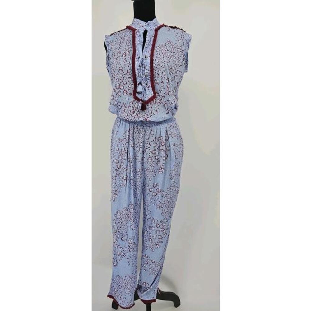 Poupette St Barths Jumpsuit Small‎ Blue Burgndy Printed Sleeveless Tassels
